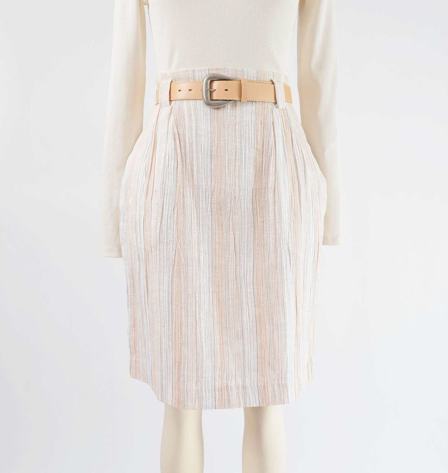 Vintage 90s White Linen Cotton Striped Pencil Skirt with Pockets and Belt size M
