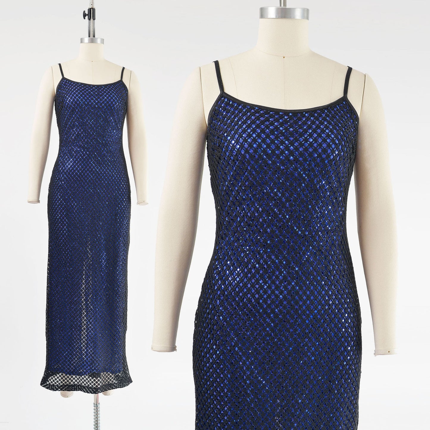 Vintage 90s Y2K Sheer Fishnet Black Blue Sequin Spaghetti Strap Maxi Dress