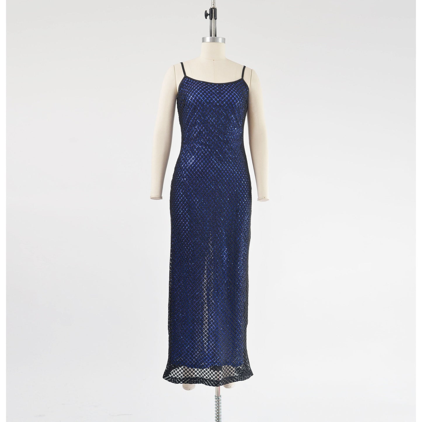 Vintage 90s Y2K Sheer Fishnet Black Blue Sequin Spaghetti Strap Maxi Dress