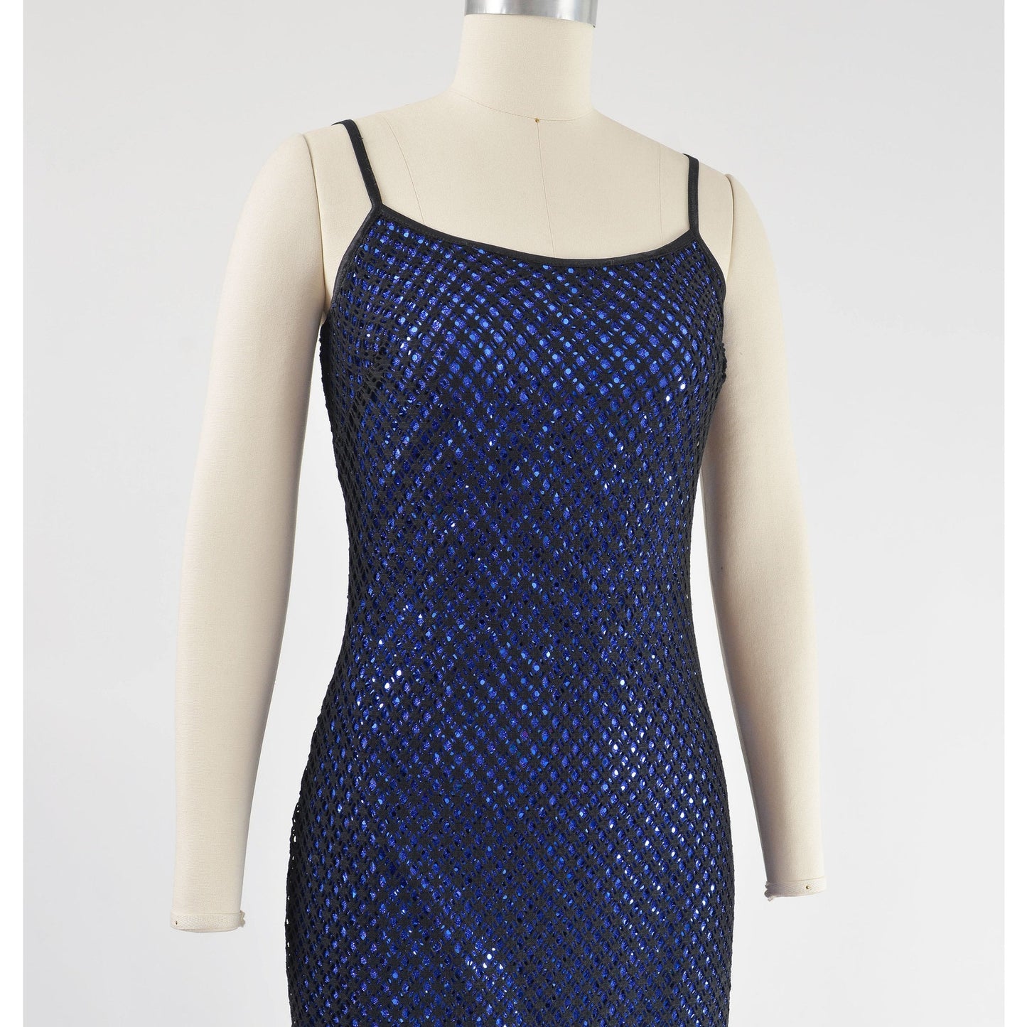 Vintage 90s Y2K Sheer Fishnet Black Blue Sequin Spaghetti Strap Maxi Dress