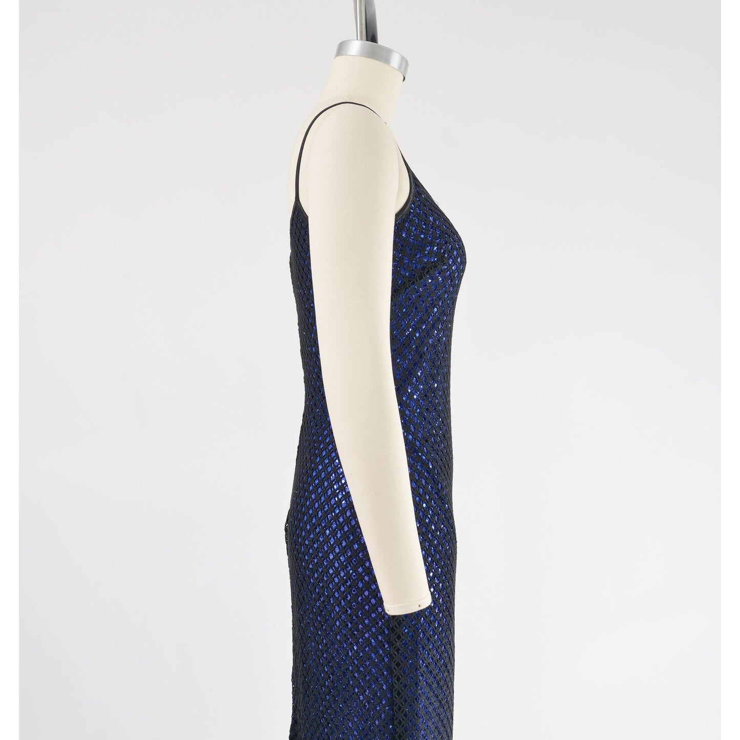 Vintage 90s Y2K Sheer Fishnet Black Blue Sequin Spaghetti Strap Maxi Dress