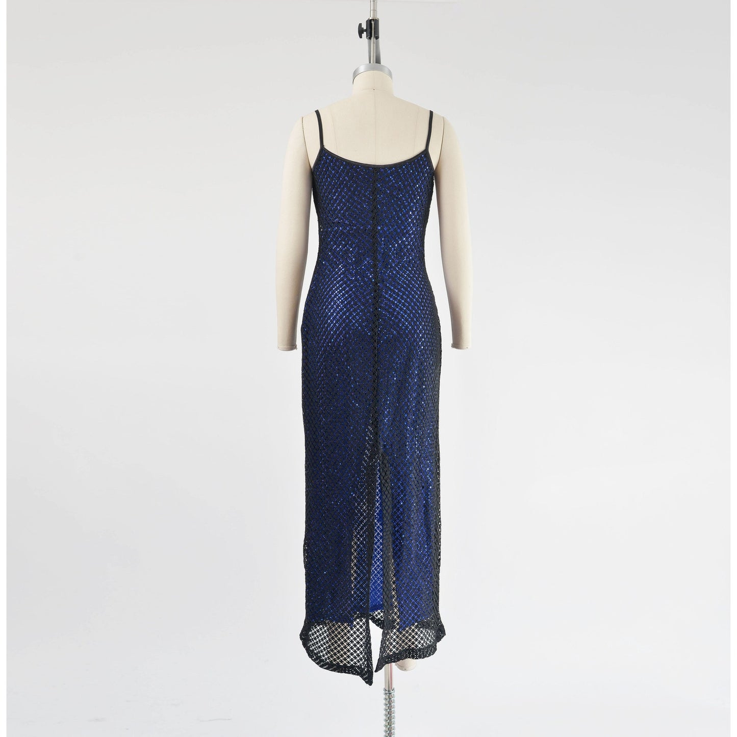 Vintage 90s Y2K Sheer Fishnet Black Blue Sequin Spaghetti Strap Maxi Dress
