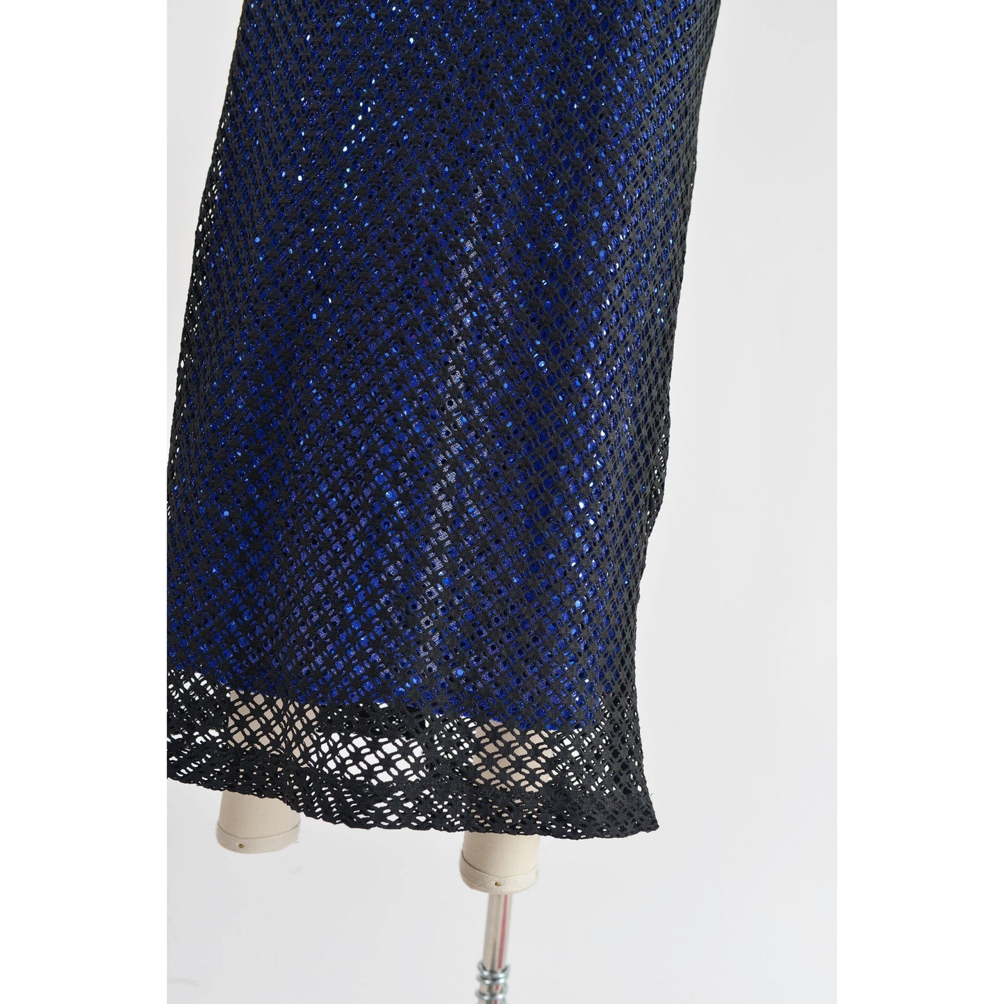 Vintage 90s Y2K Sheer Fishnet Black Blue Sequin Spaghetti Strap Maxi Dress