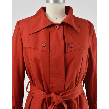 Vintage 70s Rust Brown Trench Coat Midi Length Jacket with Tie Belt and Faux Fur Lining size S M