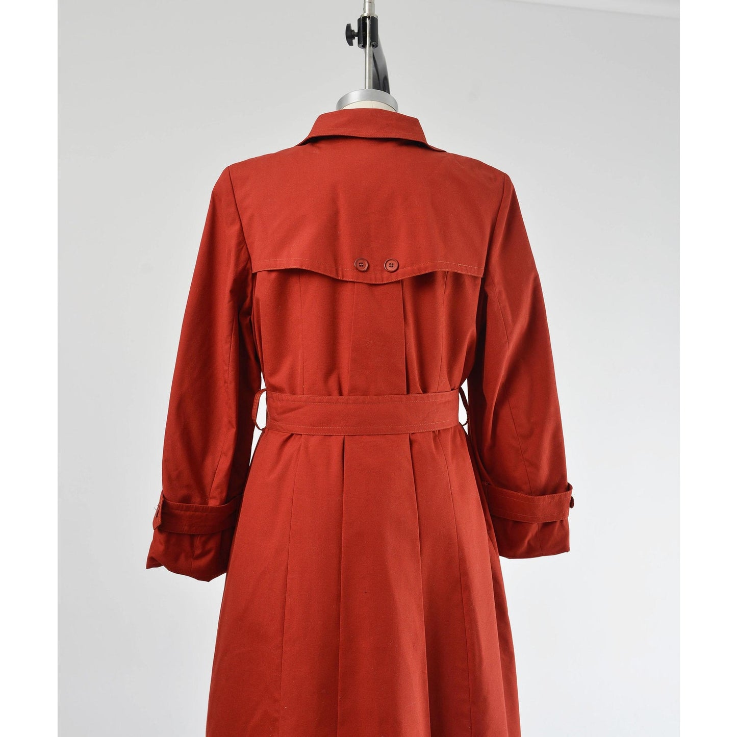 Vintage 70s Rust Brown Trench Coat Midi Length Jacket with Tie Belt and Faux Fur Lining size S M