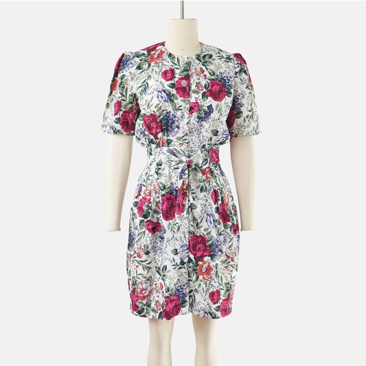 Vintage 80s White Floral Puff Sleeve Tie Front Dress with Pockets size S