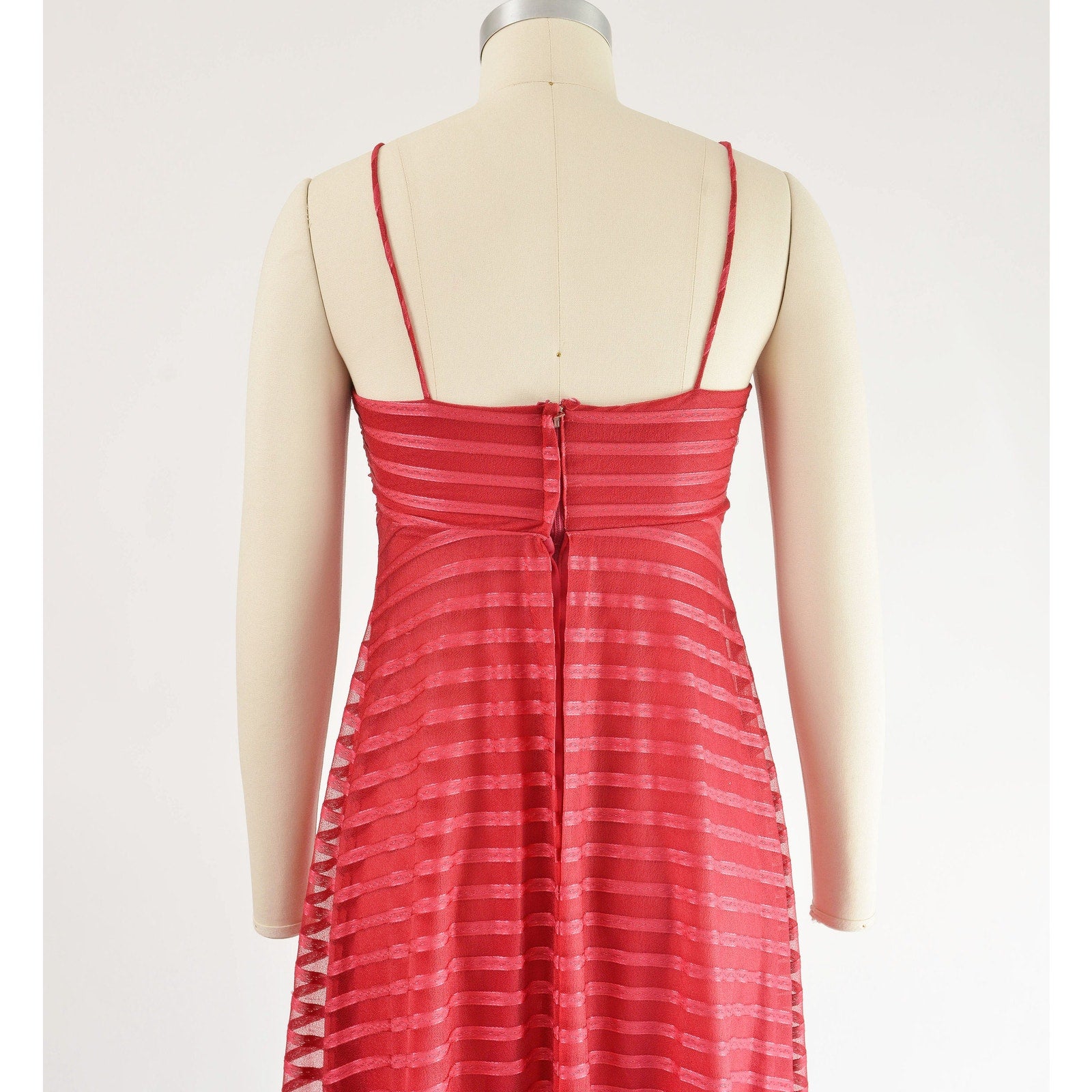 Vintage 70s crimson red striped empire waist maxi dress and bolero shrug.