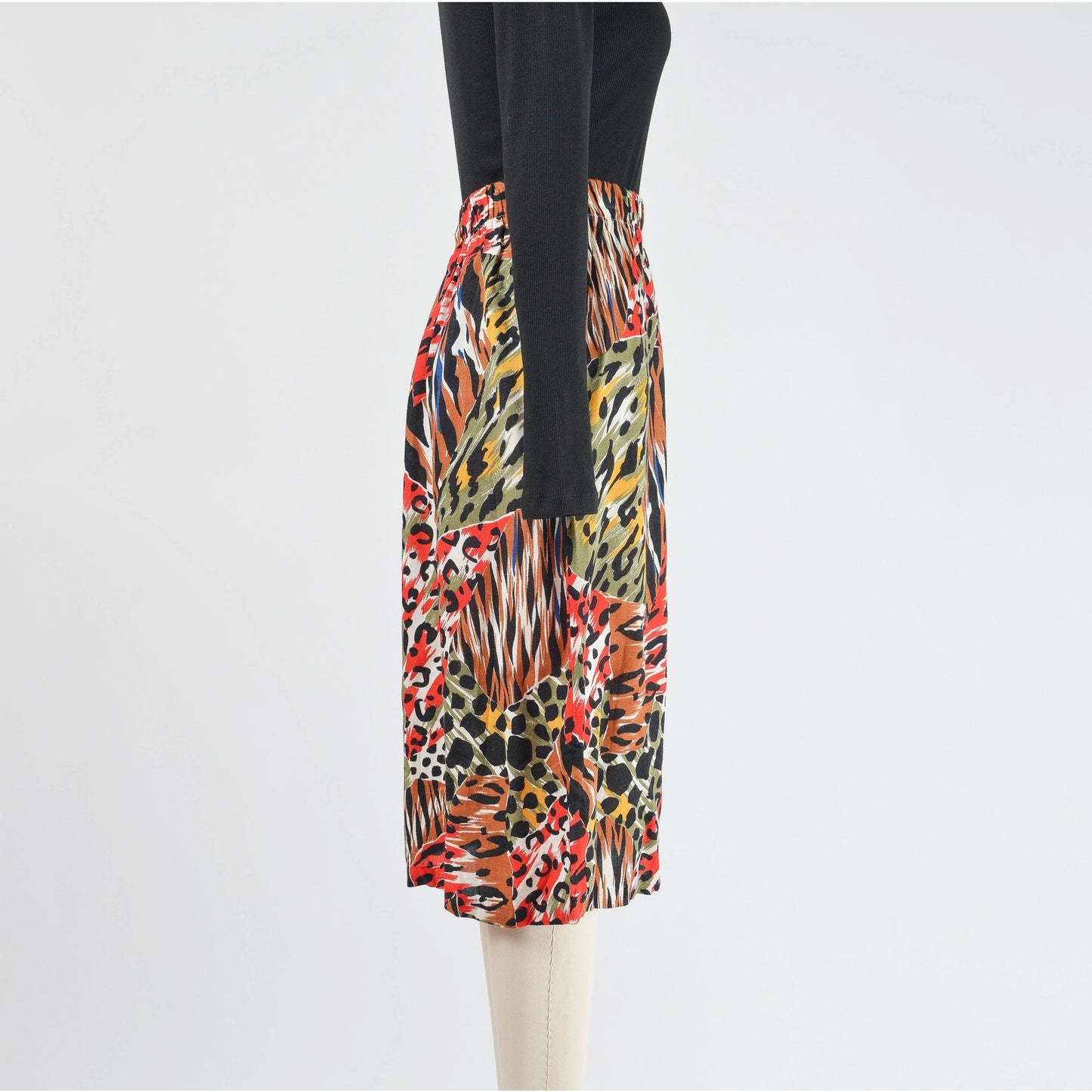 Vintage 80s Mixed Animal Print Skirt Elastic Waist Straight Midi Skirt Tiger Leopard Cheetah Print size S M