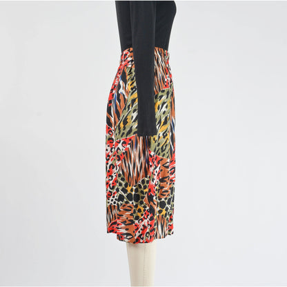 Vintage 80s Mixed Animal Print Skirt Elastic Waist Straight Midi Skirt Tiger Leopard Cheetah Print size S M
