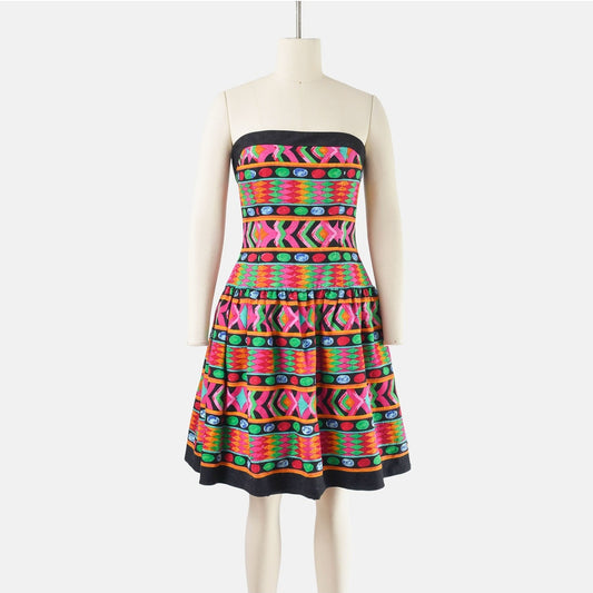 Vintage 80s AJ Bari Strapless Geometric Striped Cotton Drop Waist Mini Dress size S