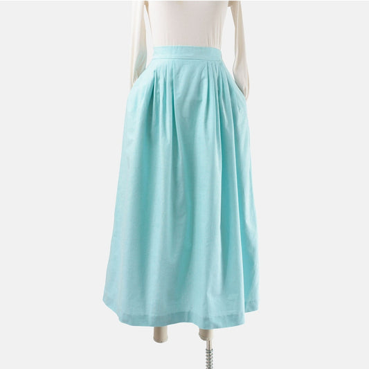 Vintage 80s Aqua Oxford Cotton Full Pleated Ankle Length Skirt with Pockets size M