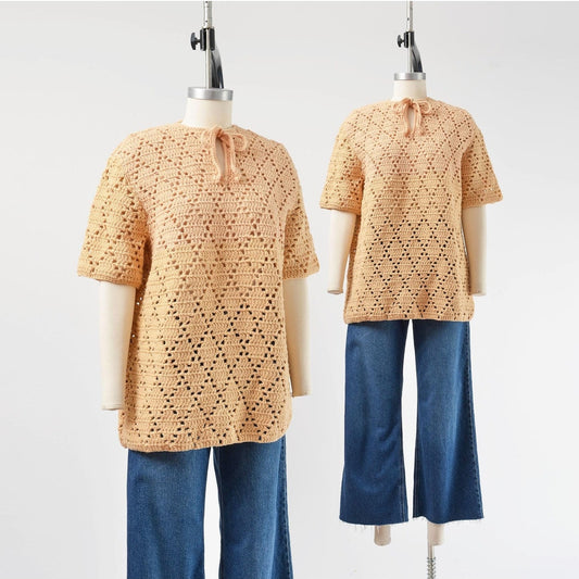Vintage 70s Apricot Hand Knit Sheer Crochet Boho Hippie Sweater Top size M