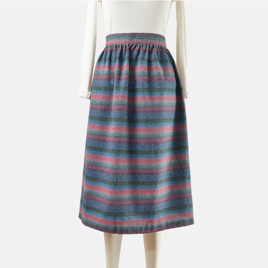 Vintage 70s Striped Wool Blend High Waisted A-line Midi Skirt size M