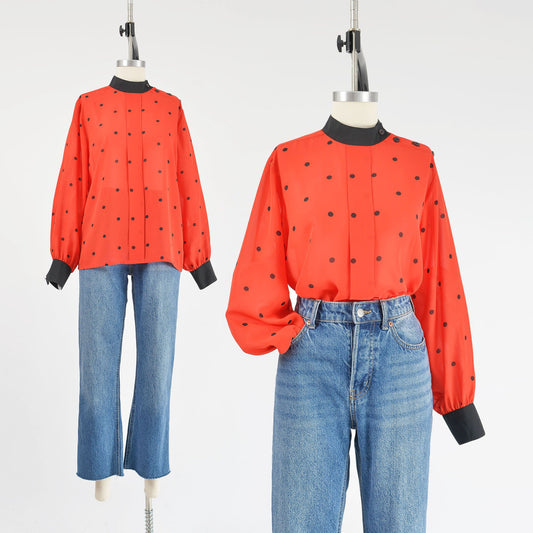 Vintage 80s Red and Black Polka Dot Blouse Semi Sheer Secretary Top S M