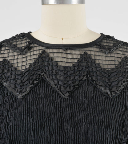 Vintage 90s Black Puff Sleeve Mini Dress Stretchy Knit Sheer Neckline Sequin Party Dress size M
