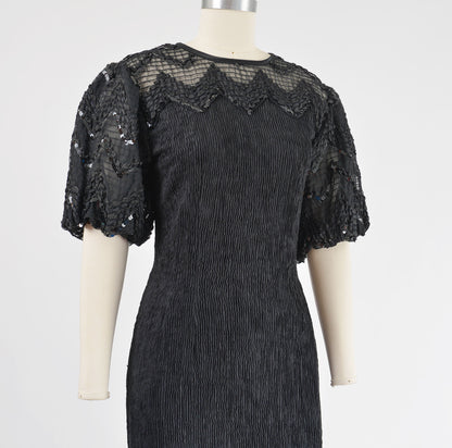 Vintage 90s Black Puff Sleeve Mini Dress Stretchy Knit Sheer Neckline Sequin Party Dress size M