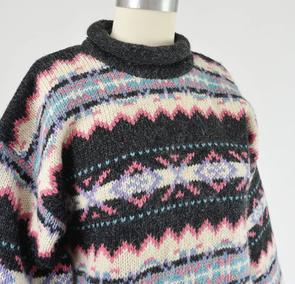 Close up view of neckline on vintage Woolrich sweater. 