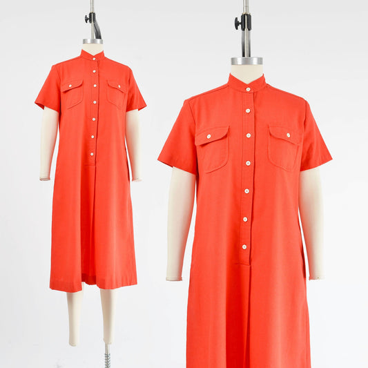 vintage 70s red Orvis tunic shift dress with pockets. 