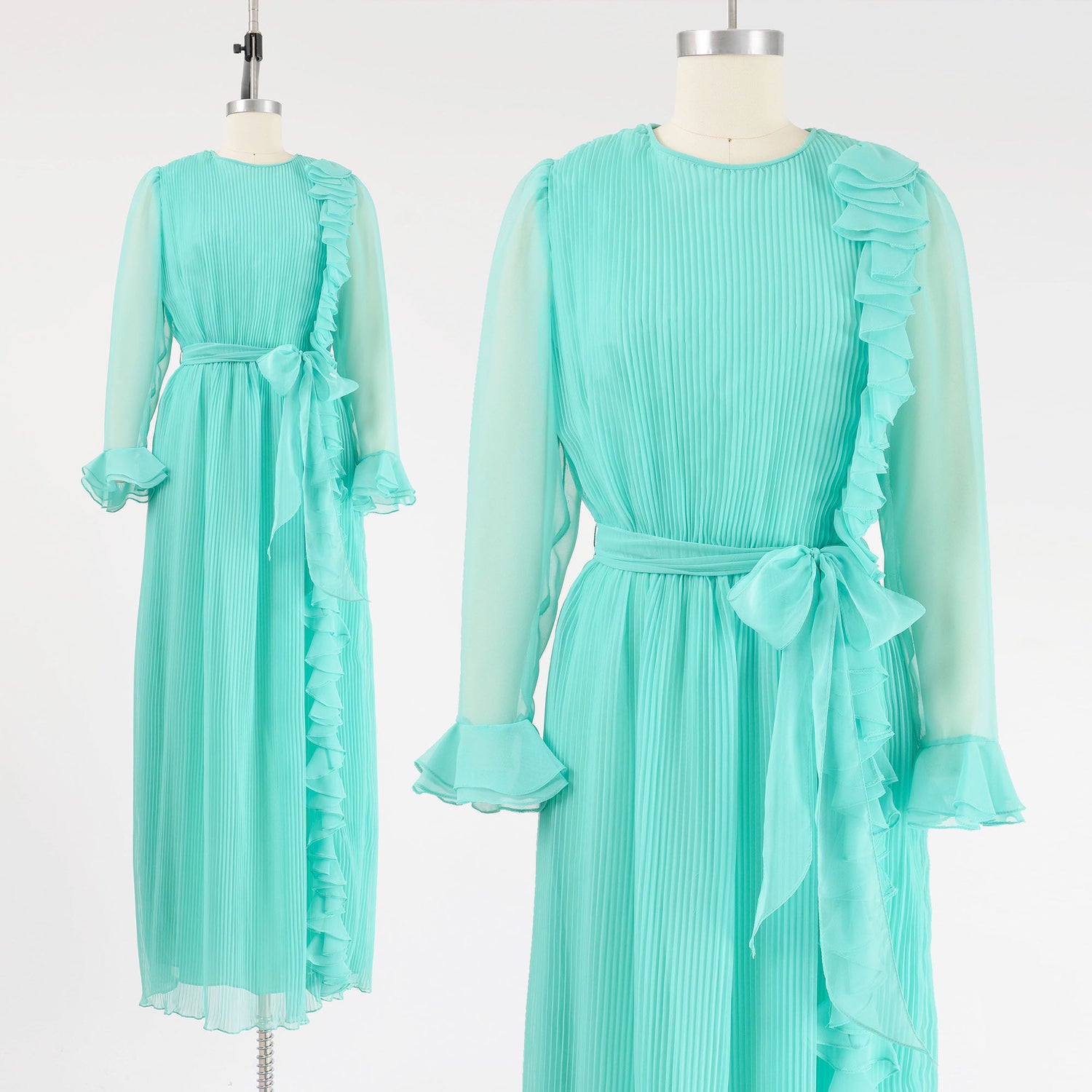 Vintage 70s seafoam green sheer chiffon pleated formal maxi dress.