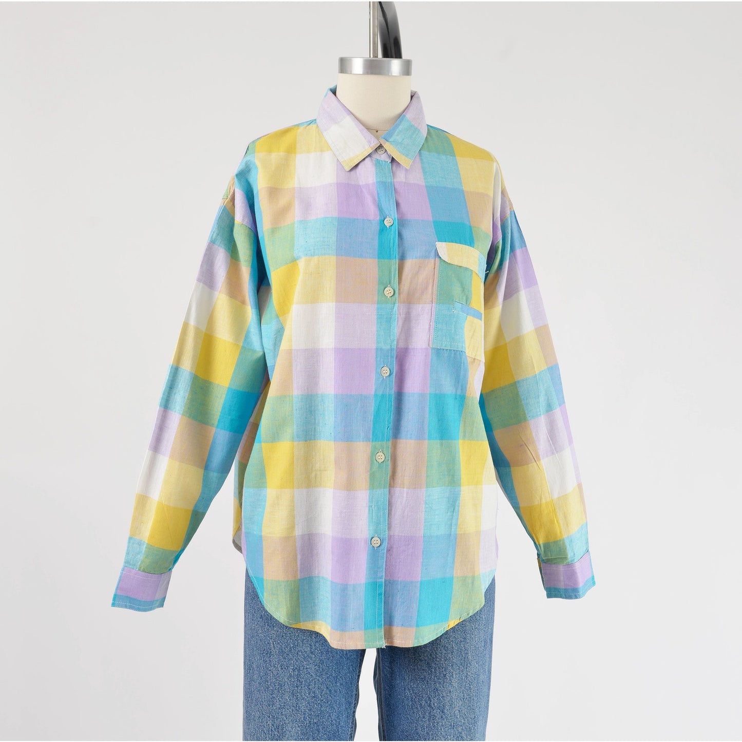 Vintage 90s Checkered Cotton Shirt Collared Button Down Madras Blouse size S M