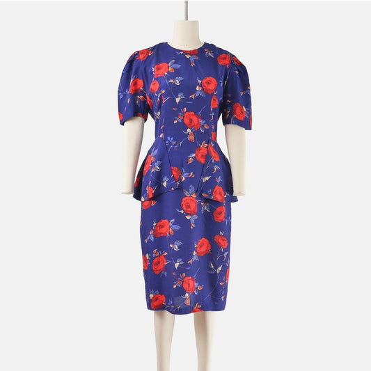 Vintage 80s Floral Peplum Waist Puff Sleeve Pencil Midi Dress size S