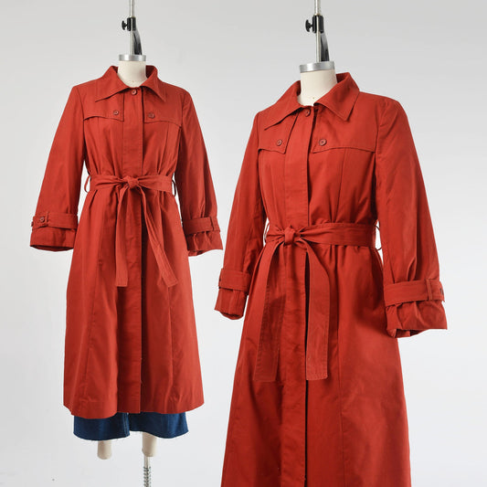 Vintage 70s Rust Brown Trench Coat Midi Length Jacket with Tie Belt and Faux Fur Lining size S M