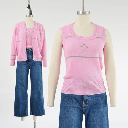 vintage 60s pink floral sweater vest and cardigan set. 