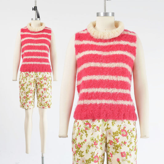 vintage 1960s pink and white striped hand knit mohair sleeveless sweater. 