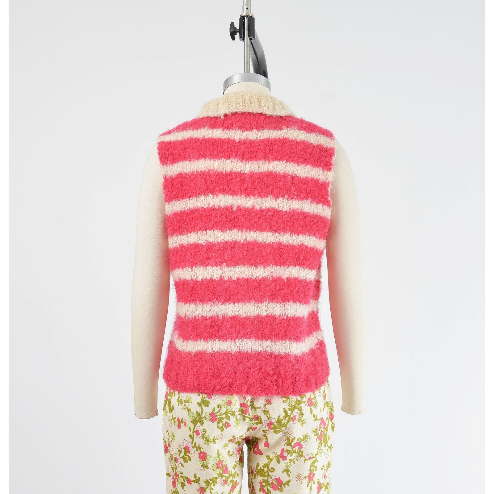vintage 1960s pink and white striped hand knit mohair sleeveless sweater. 
