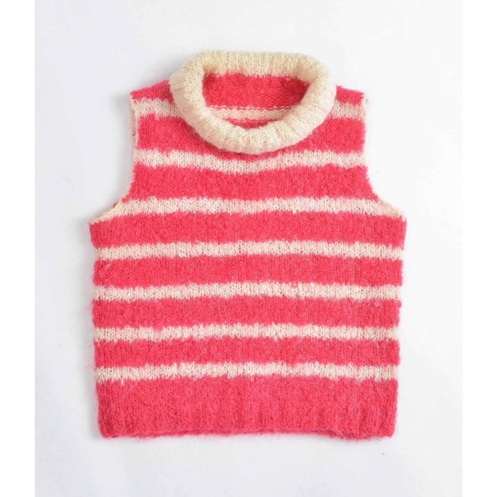 vintage 1960s pink and white striped hand knit mohair sleeveless sweater. 