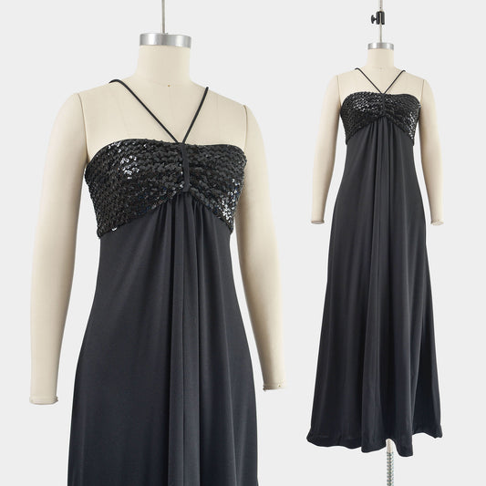 Vintage 70s black empire waist sequin disco maxi dress.