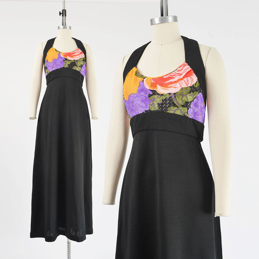 Vintage 1970s black floral knit maxi dress. Empire waist with full a-line silhouette.