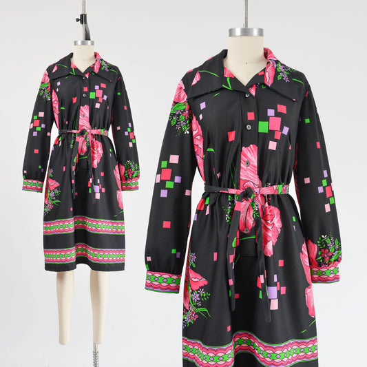 Vintage 1970s black floral op art shirt dress with tie belt. 