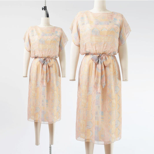 Vintage 70s pastel geometric sheer chiffon blouson midi dress with tie belt. 