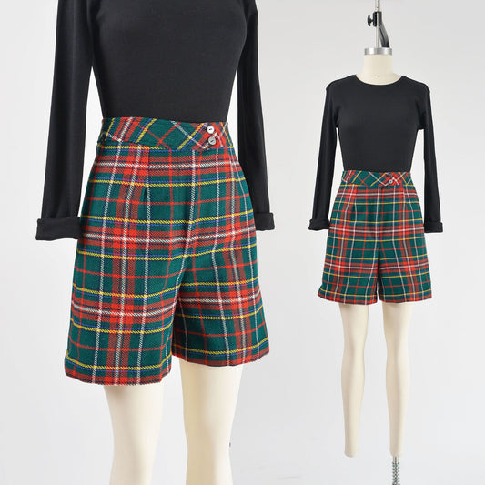 Vintage 1970s green and red plaid wool blend high waisted shorts. 