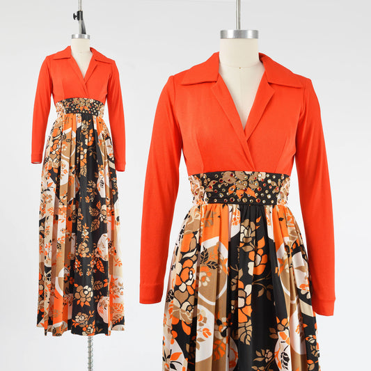 vintage 70s orange op art floral rhinestone formal maxi dress. 