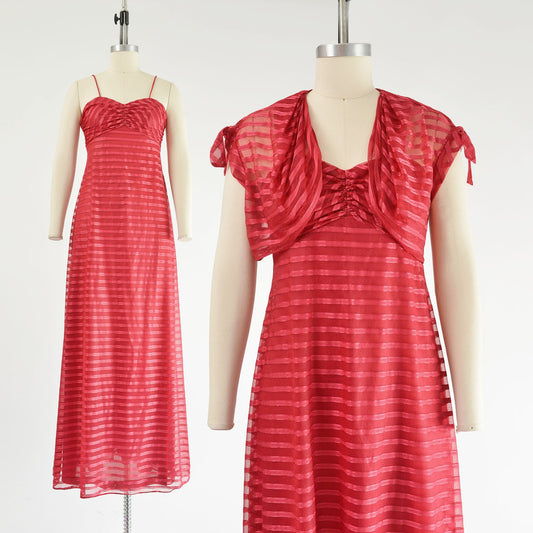 Vintage 70s crimson red striped empire waist maxi dress and bolero shrug.