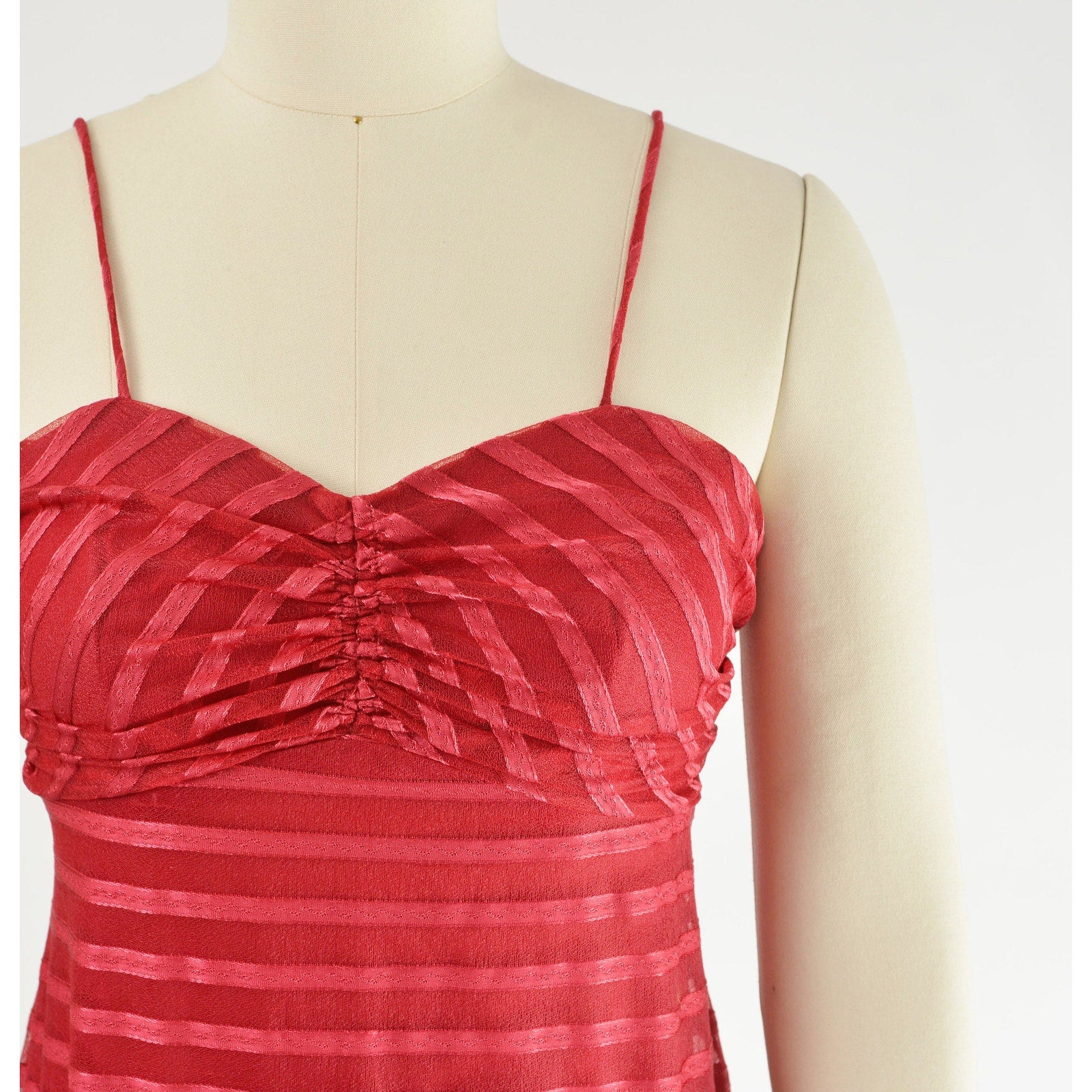 Vintage 70s crimson red striped empire waist maxi dress and bolero shrug.