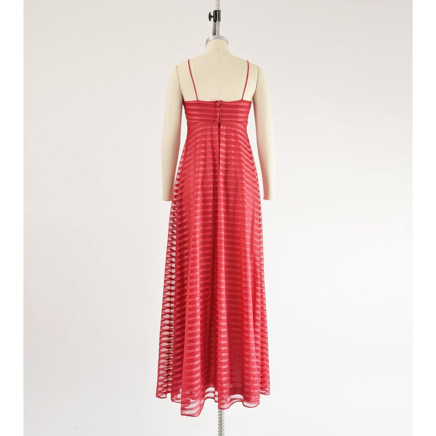 Vintage 70s crimson red striped empire waist maxi dress and bolero shrug.