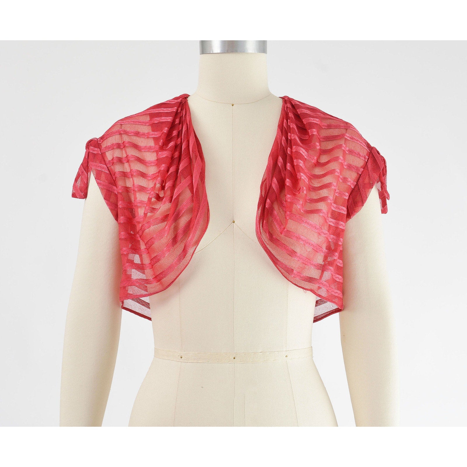Vintage 70s crimson red striped empire waist maxi dress and bolero shrug.