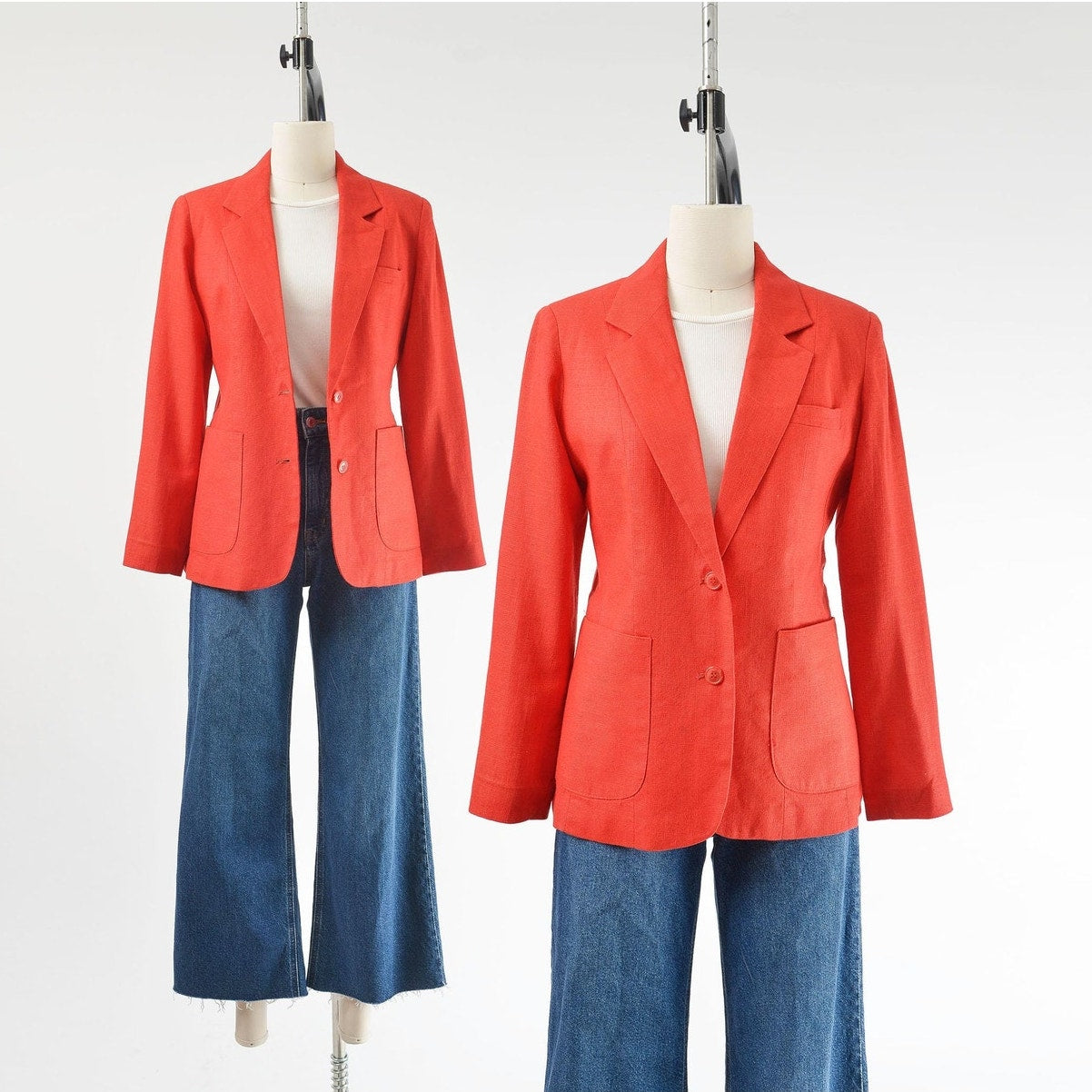 Vintage 1970s red linen and rayon blend blazer. Fitted silhouette. Two button closures with large hip pockets. 