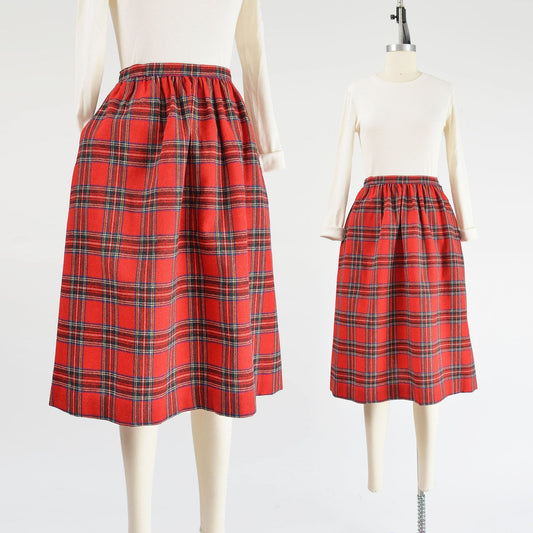 Vintage 1970s red tartan plaid full wool midi skirt. 