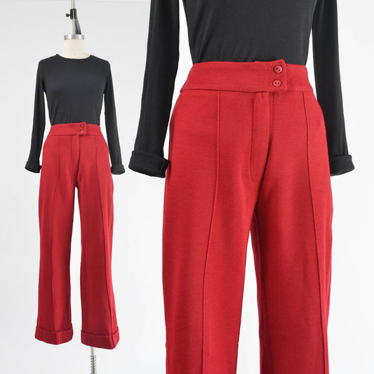 Vintage 1970s dark red wool knit high waisted trouser pants.