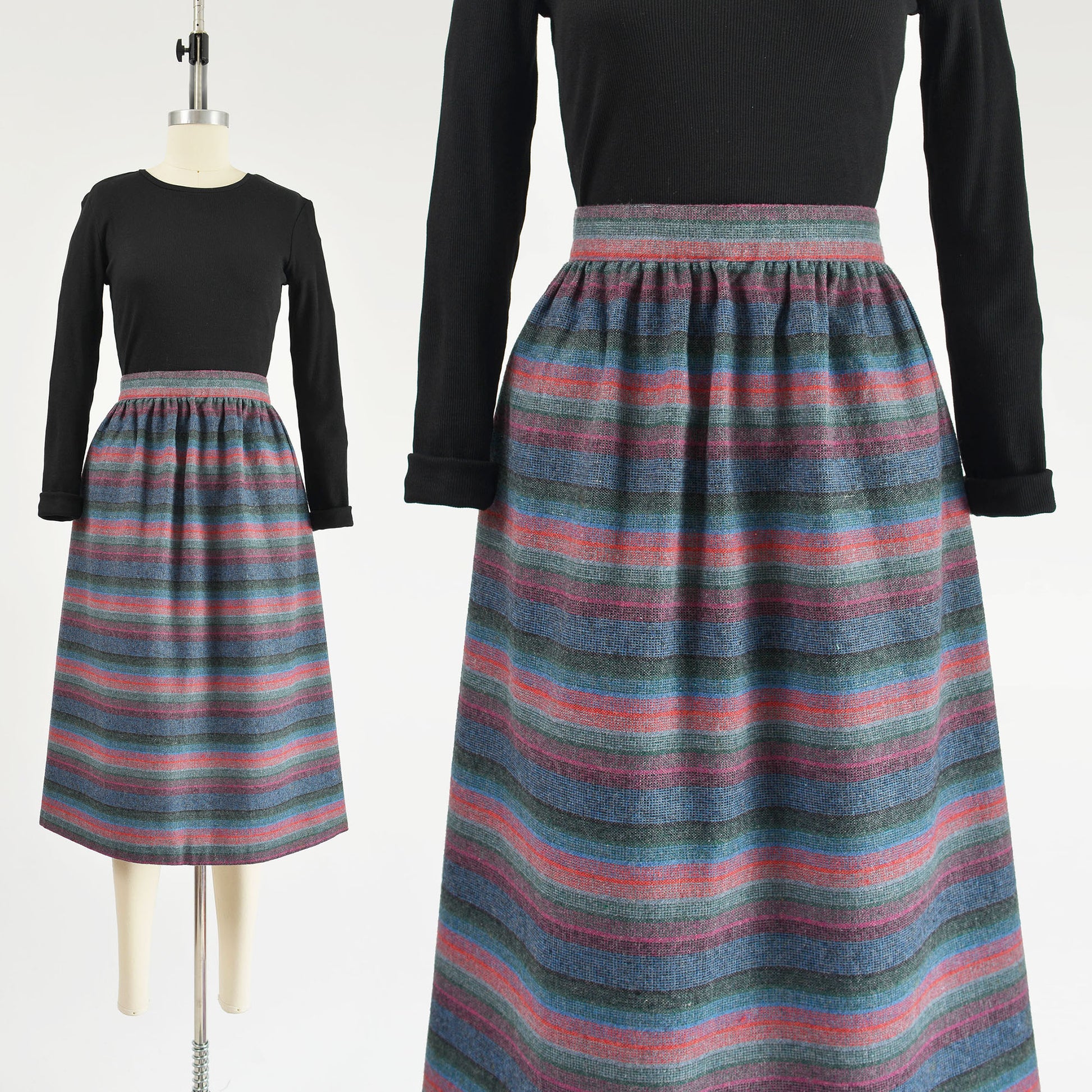 Vintage 1970s striped full wool midi skirt. 