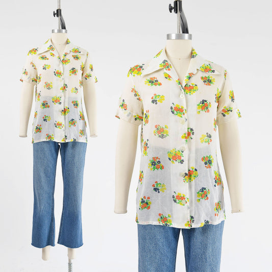 vintage 1970s white floral print sheer collared shirt. 