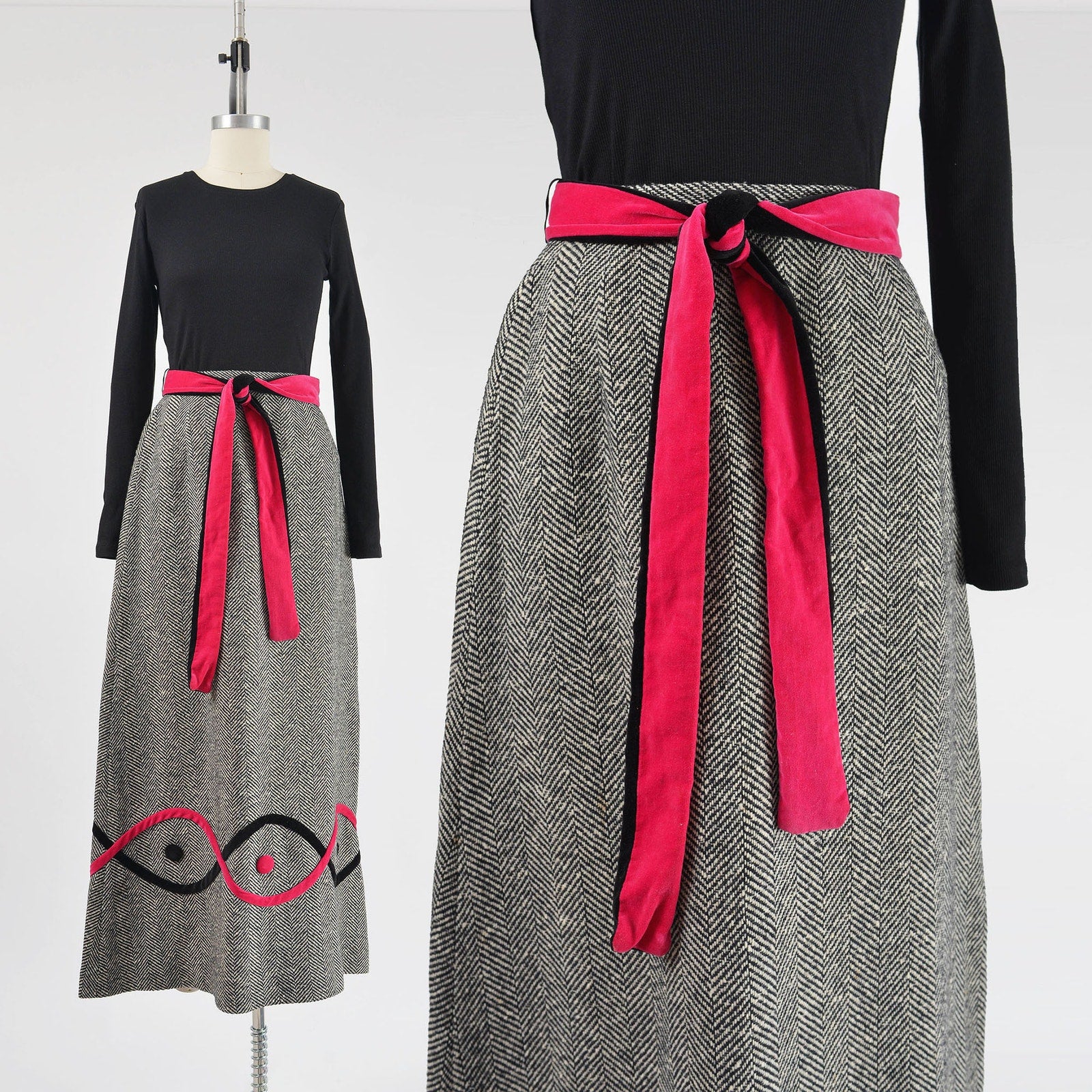 vintage 70s herringbone wool and velvet maxi skirt. 