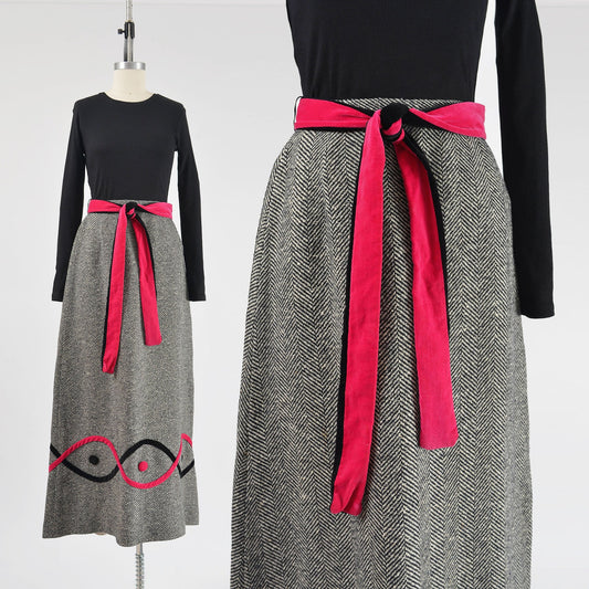 vintage 70s herringbone wool and velvet maxi skirt. 