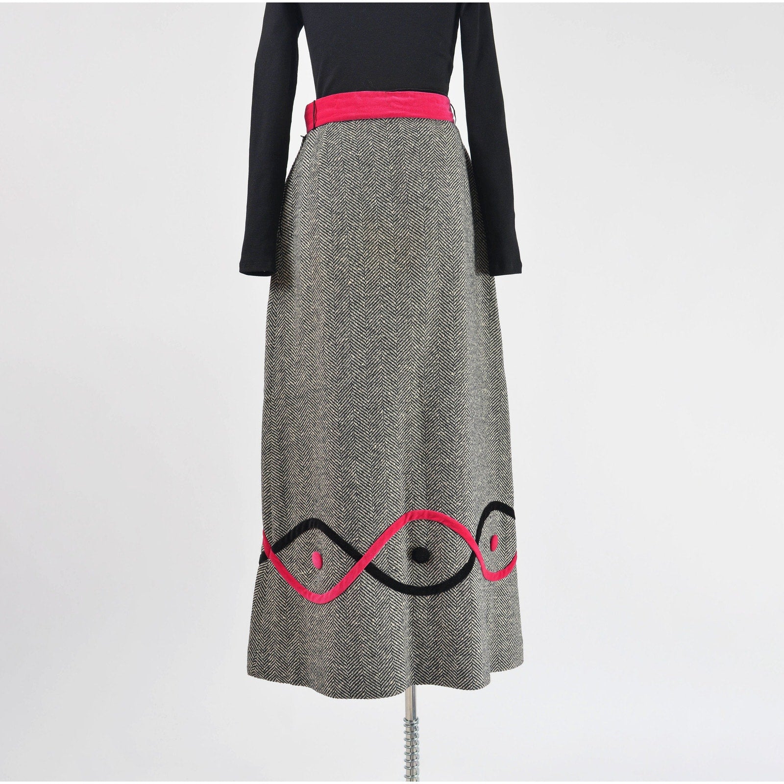 vintage 70s herringbone wool and velvet maxi skirt. 