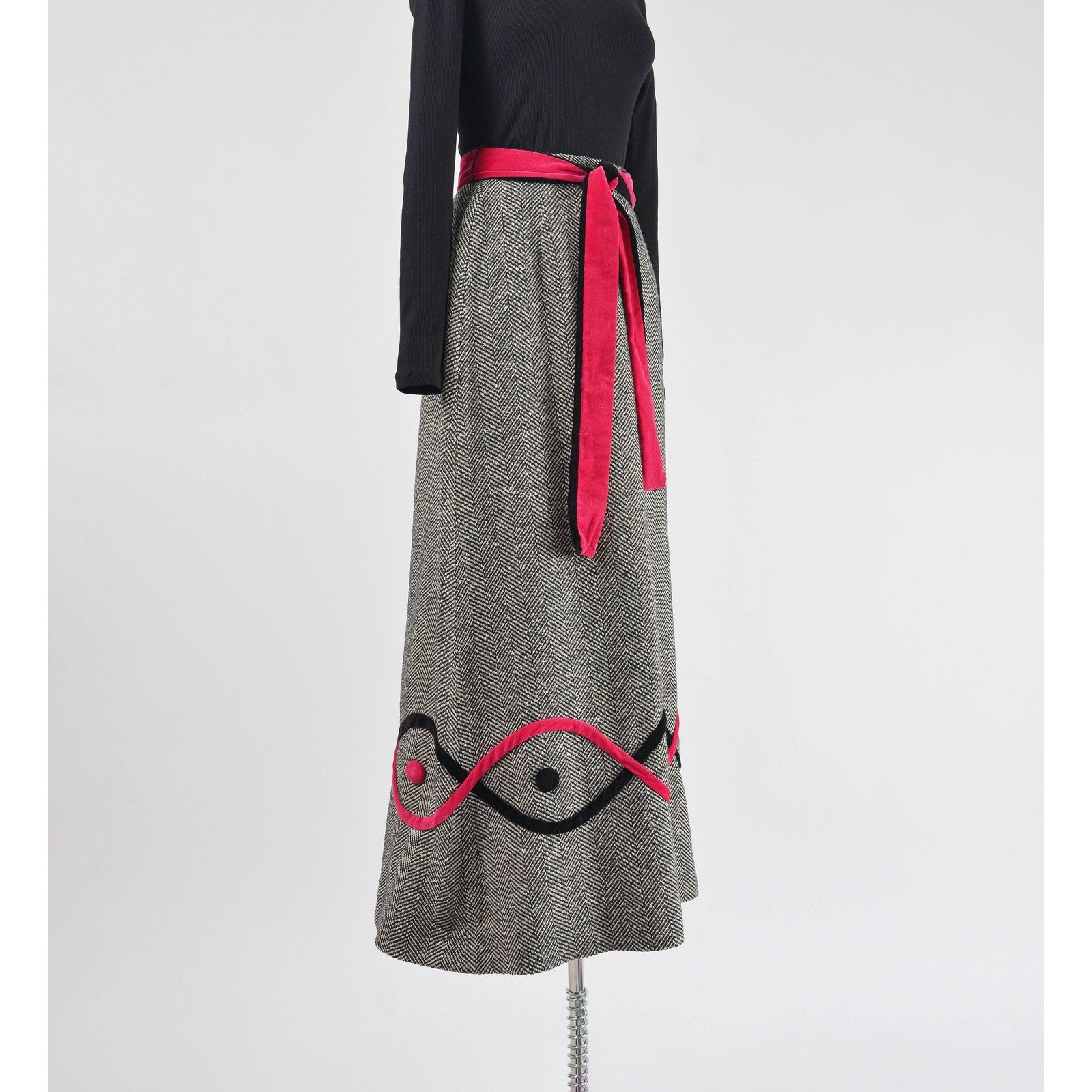 vintage 70s herringbone wool and velvet maxi skirt. 