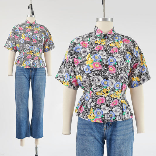 Vintage 80s does 40s Romantic Floral Blouse Nipped Waist Collared Top 
